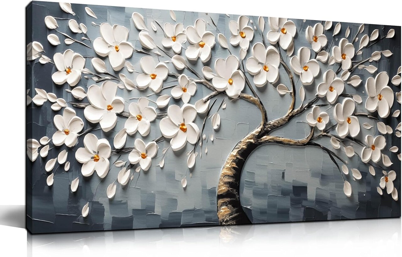 Canvas Wall Art – White Tree of Life Flowers, 30"x60", Modern Bedroom & Living Room Decor, Ready to Hang